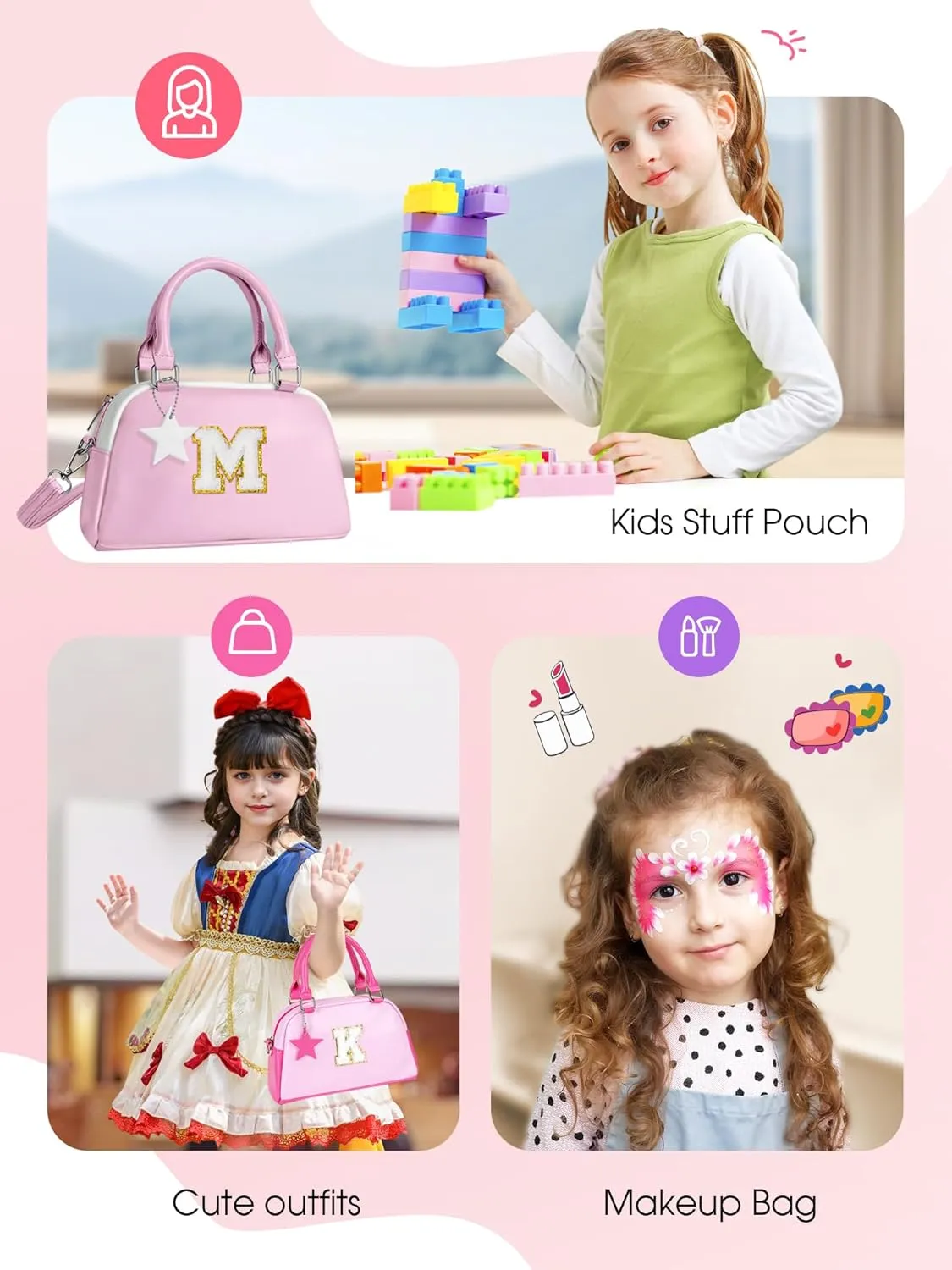 Kids Purse Handle Bag Crossbody bags, Makeup bag Girls Gifts, Gifts for 4-8-10-12 Girl Toddler, monogram Pouch Bag for makeup kits, Handbag-peach pink-A