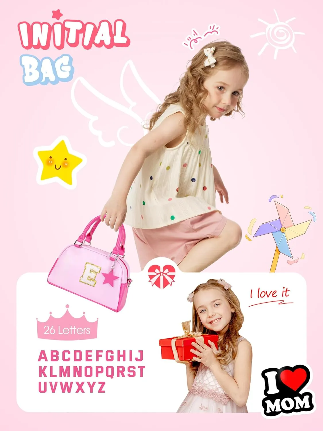 Kids Purse Handle Bag Crossbody bags, Makeup bag Girls Gifts, Gifts for 4-8-10-12 Girl Toddler, monogram Pouch Bag for makeup kits, Handbag-peach pink-A