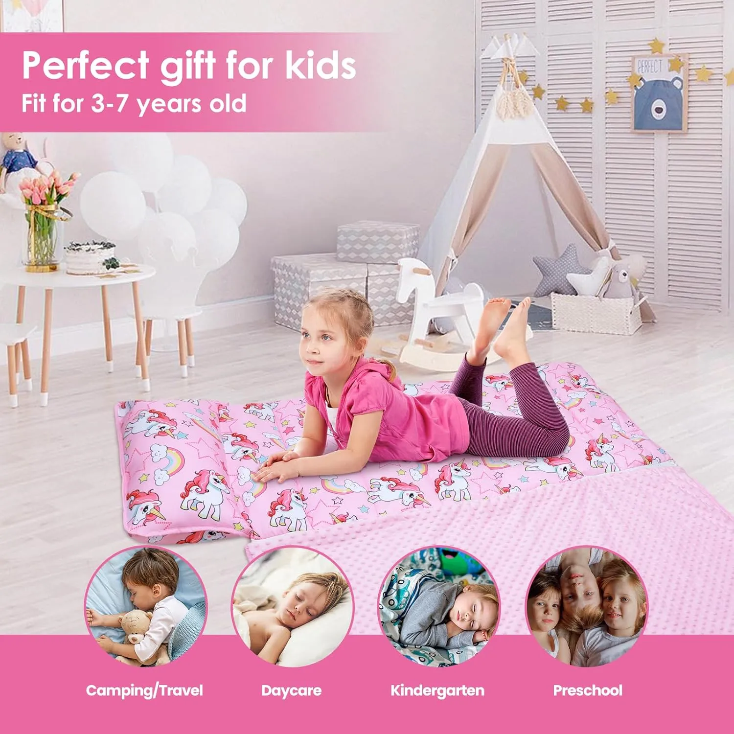 Kids Sleeping Bag Nap Mat with Removable Pillow and Blanket,Extra Thick Large 2 in 1 Slumber Bags for Boys Girls,Toddler Nap Mat for Preschool Daycare Travel Camping