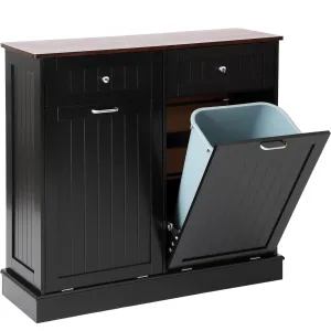 KIGOTY Double Tilt Out Trash Cabinet, Pet Proof Trash Can Cabinet with Countertop and Drawer, Trash Cabinet with Storage,Wooden Laundry Hamper for Kitchen,Black