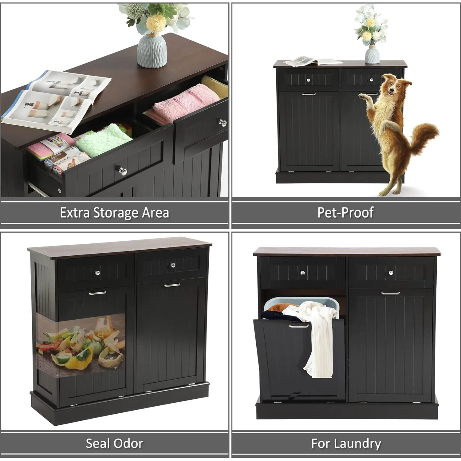 KIGOTY Double Tilt Out Trash Cabinet, Pet Proof Trash Can Cabinet with Countertop and Drawer, Trash Cabinet with Storage,Wooden Laundry Hamper for Kitchen,Black