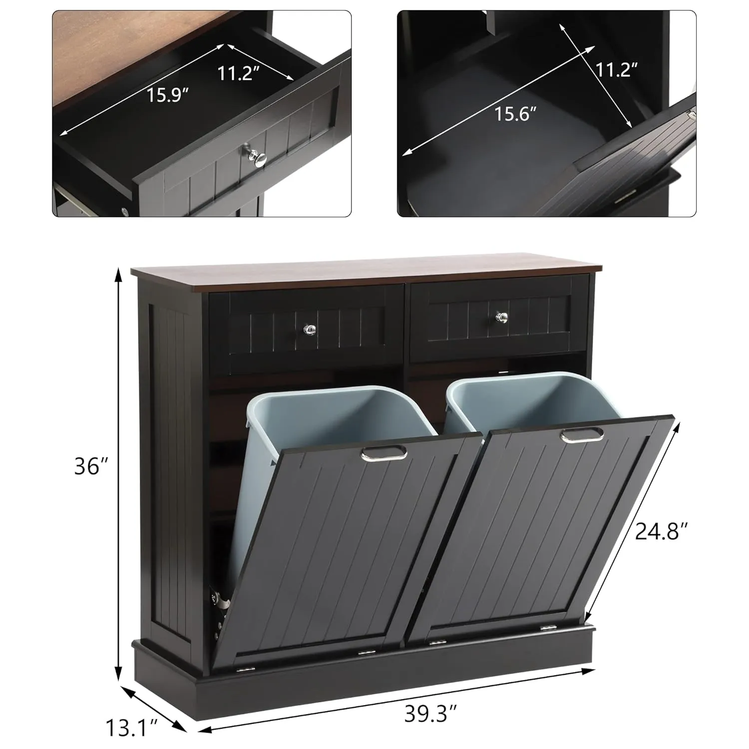 KIGOTY Double Tilt Out Trash Cabinet, Pet Proof Trash Can Cabinet with Countertop and Drawer, Trash Cabinet with Storage,Wooden Laundry Hamper for Kitchen,Black