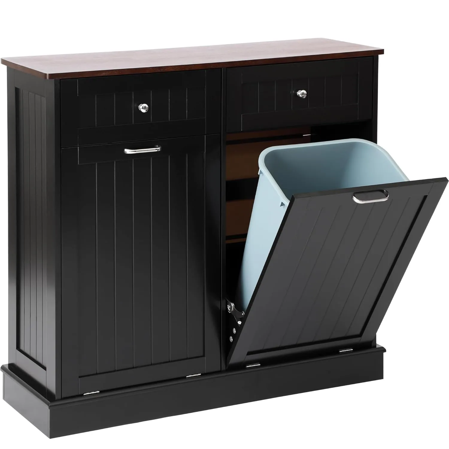 KIGOTY Double Tilt Out Trash Cabinet, Pet Proof Trash Can Cabinet with Countertop and Drawer, Trash Cabinet with Storage,Wooden Laundry Hamper for Kitchen,Black