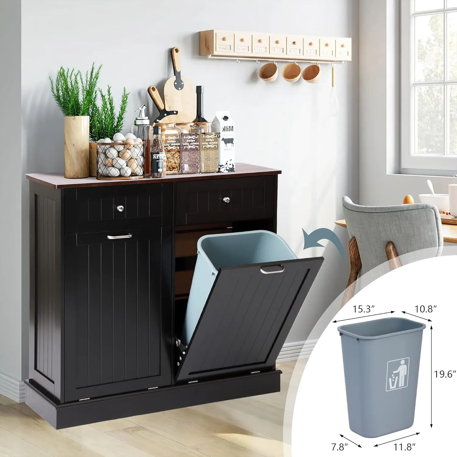 KIGOTY Double Tilt Out Trash Cabinet, Pet Proof Trash Can Cabinet with Countertop and Drawer, Trash Cabinet with Storage,Wooden Laundry Hamper for Kitchen,Black