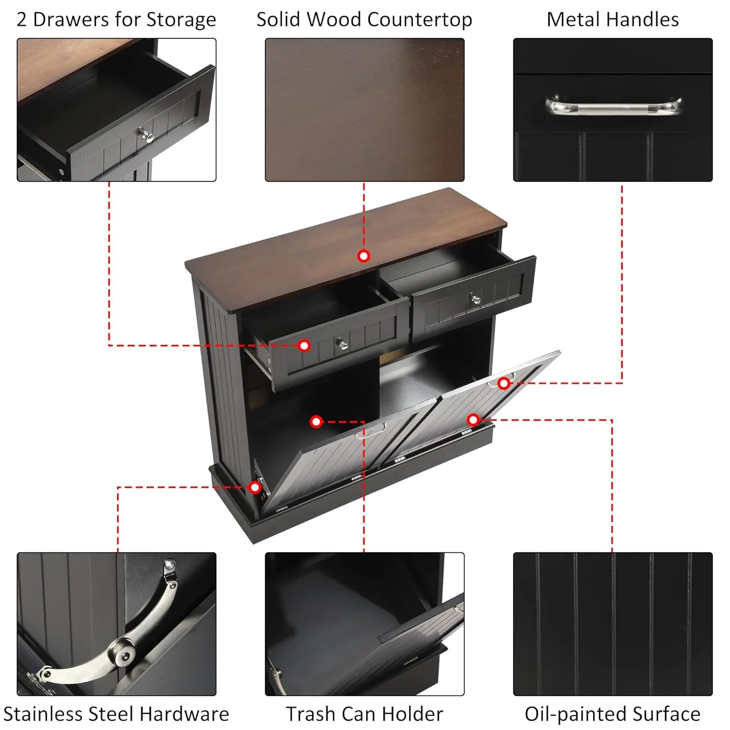 KIGOTY Double Tilt Out Trash Cabinet, Pet Proof Trash Can Cabinet with Countertop and Drawer, Trash Cabinet with Storage,Wooden Laundry Hamper for Kitchen,Black