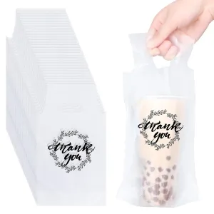Kisston 1000 Pcs Drink Carrier for Delivery, Plastic Carrier Bags Thank You Clear Handle Drink Poly Bags Bulk for Coffee Tea Beverage Juice(Hold 1 Cup)