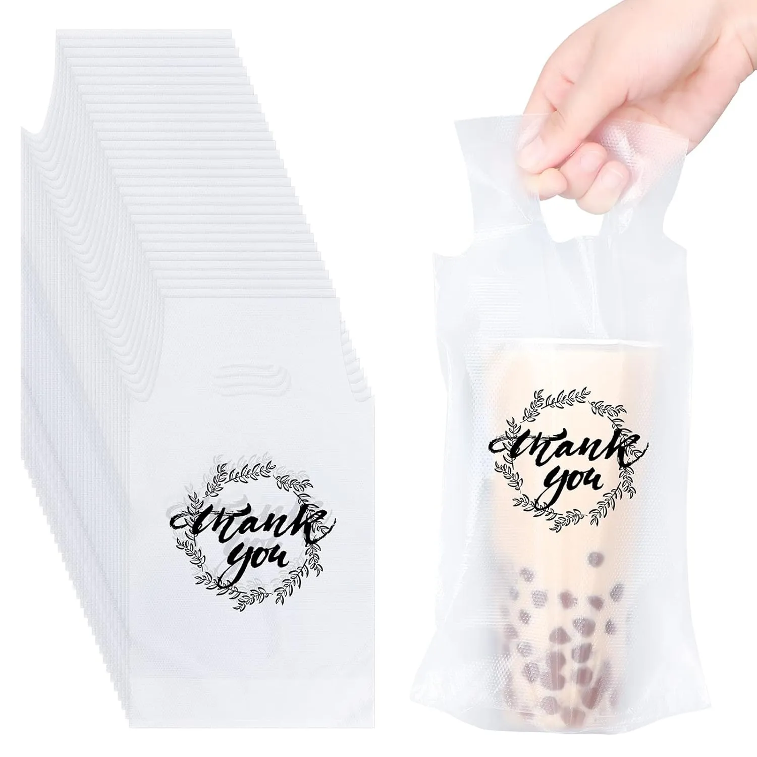 Kisston 1000 Pcs Drink Carrier for Delivery, Plastic Carrier Bags Thank You Clear Handle Drink Poly Bags Bulk for Coffee Tea Beverage Juice(Hold 1 Cup)