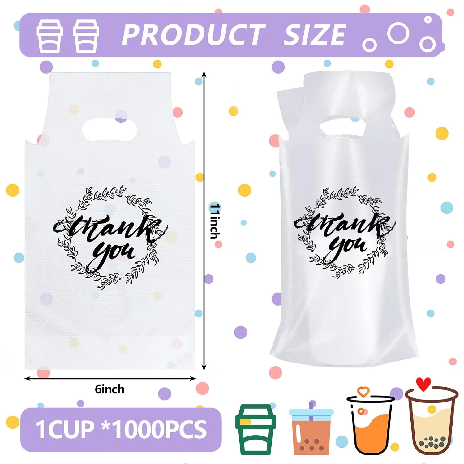 Kisston 1000 Pcs Drink Carrier for Delivery, Plastic Carrier Bags Thank You Clear Handle Drink Poly Bags Bulk for Coffee Tea Beverage Juice(Hold 1 Cup)