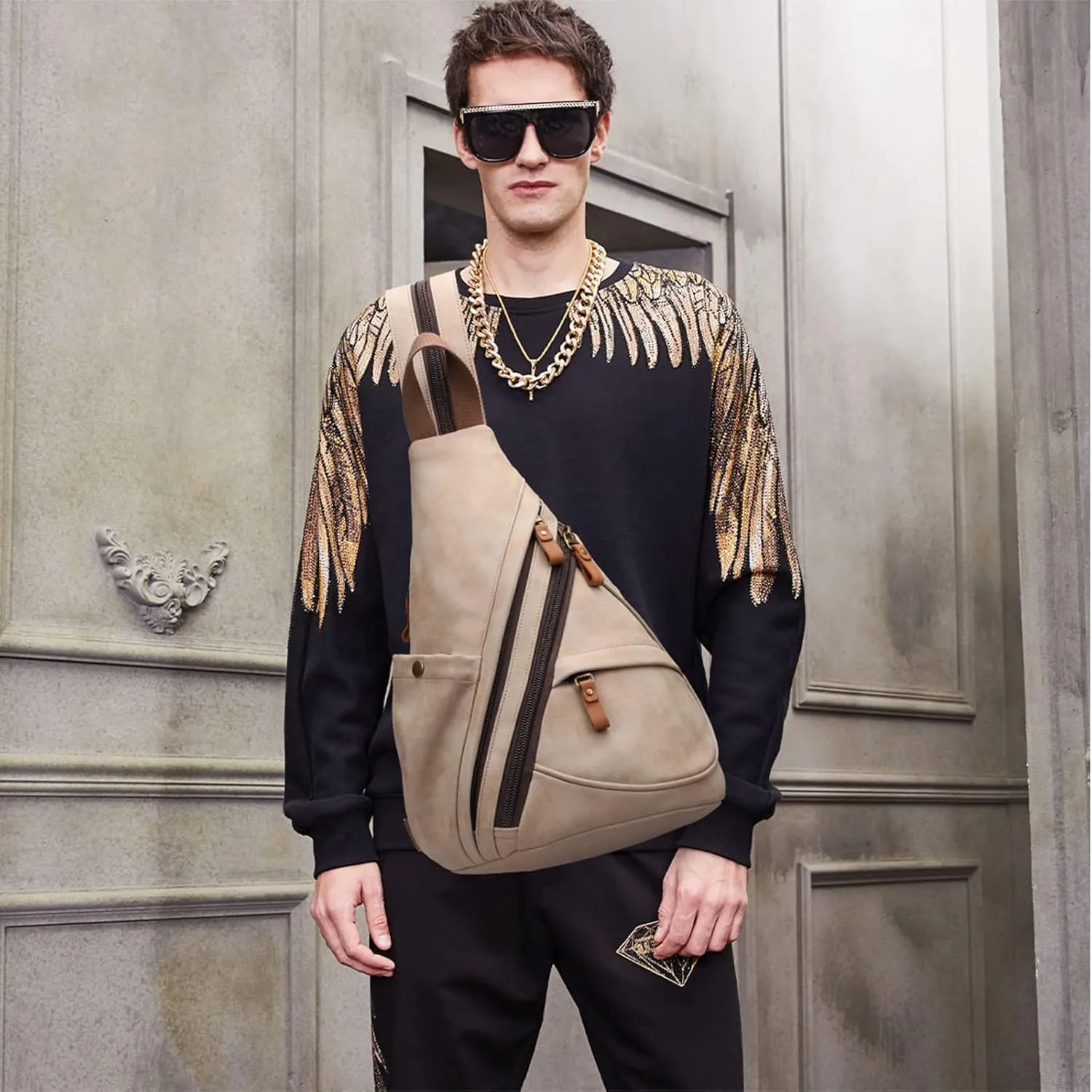 KL928 PU Leather Sling Bag - Small Crossbody Backpack Shoulder Casual Daypack Rucksack for Men Women