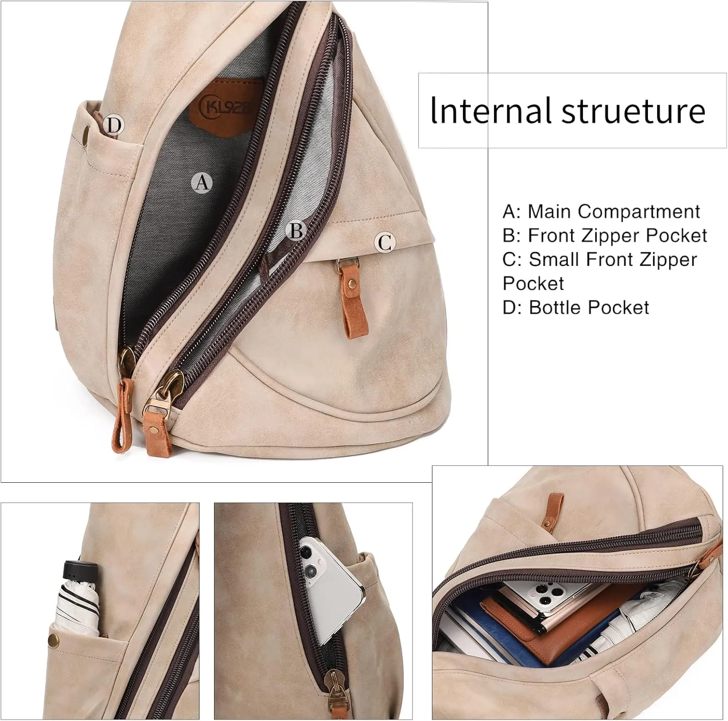 KL928 PU Leather Sling Bag - Small Crossbody Backpack Shoulder Casual Daypack Rucksack for Men Women