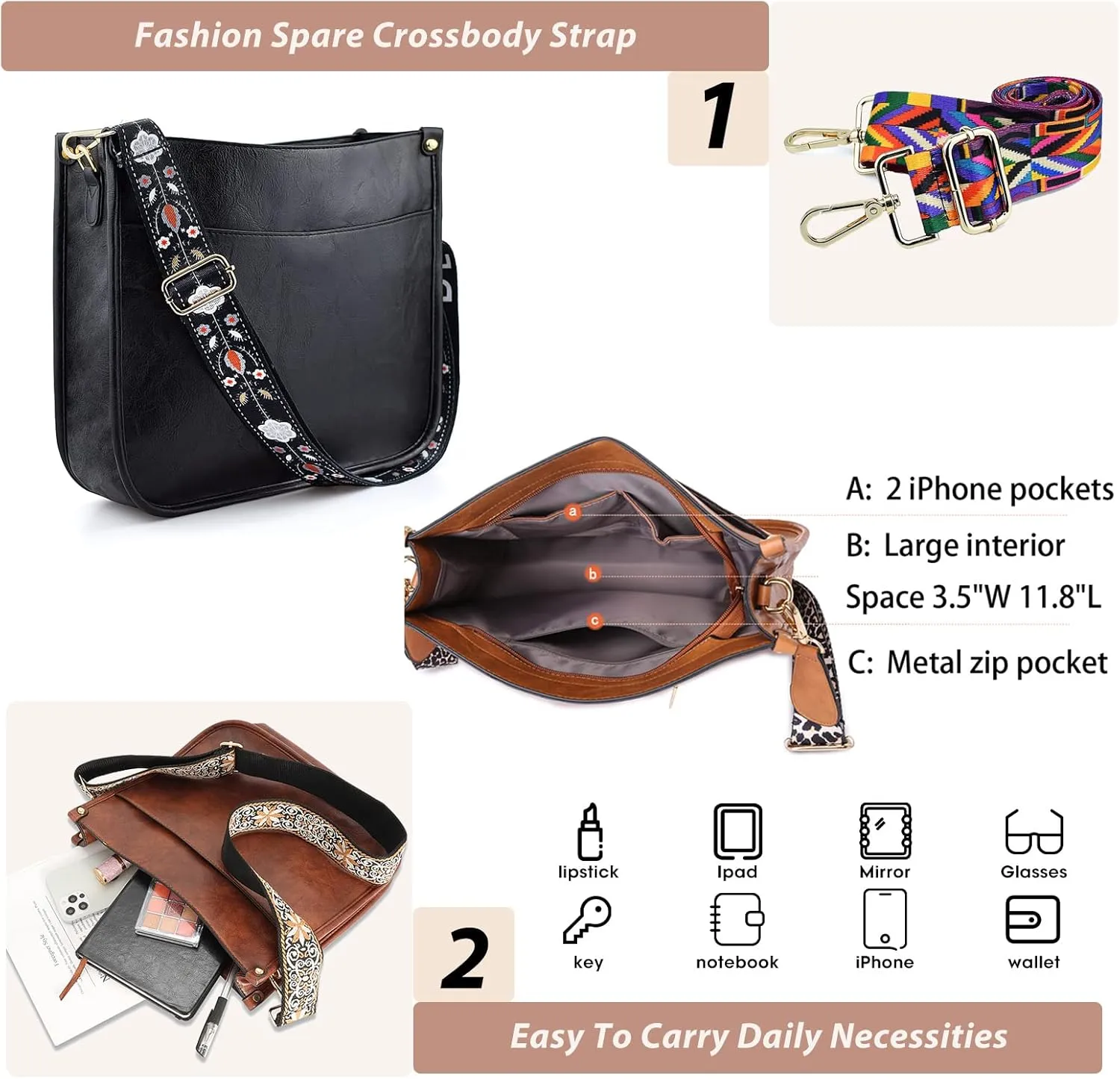 KlaOYer 2 Adjustable Strap Bag,Crossbody Bags Women,Guitar Strap Purse,Vegan Handbags Soft Shoulder Bag For Women