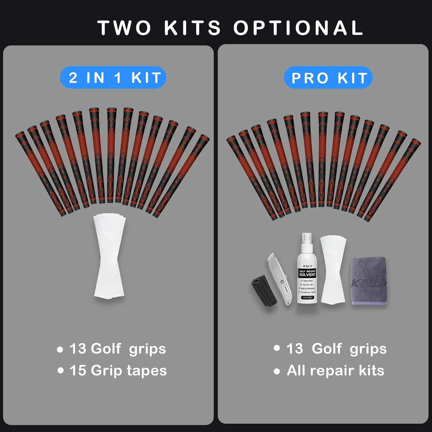 KNLY Golf Grips Set of 13 - High Traction and High Feedback Rubber Golf Club Grips with Anti-Slip and All Weather Performance，13 Grips with 15 Tapes and 13 Grips with All Repair Kits for Choice.