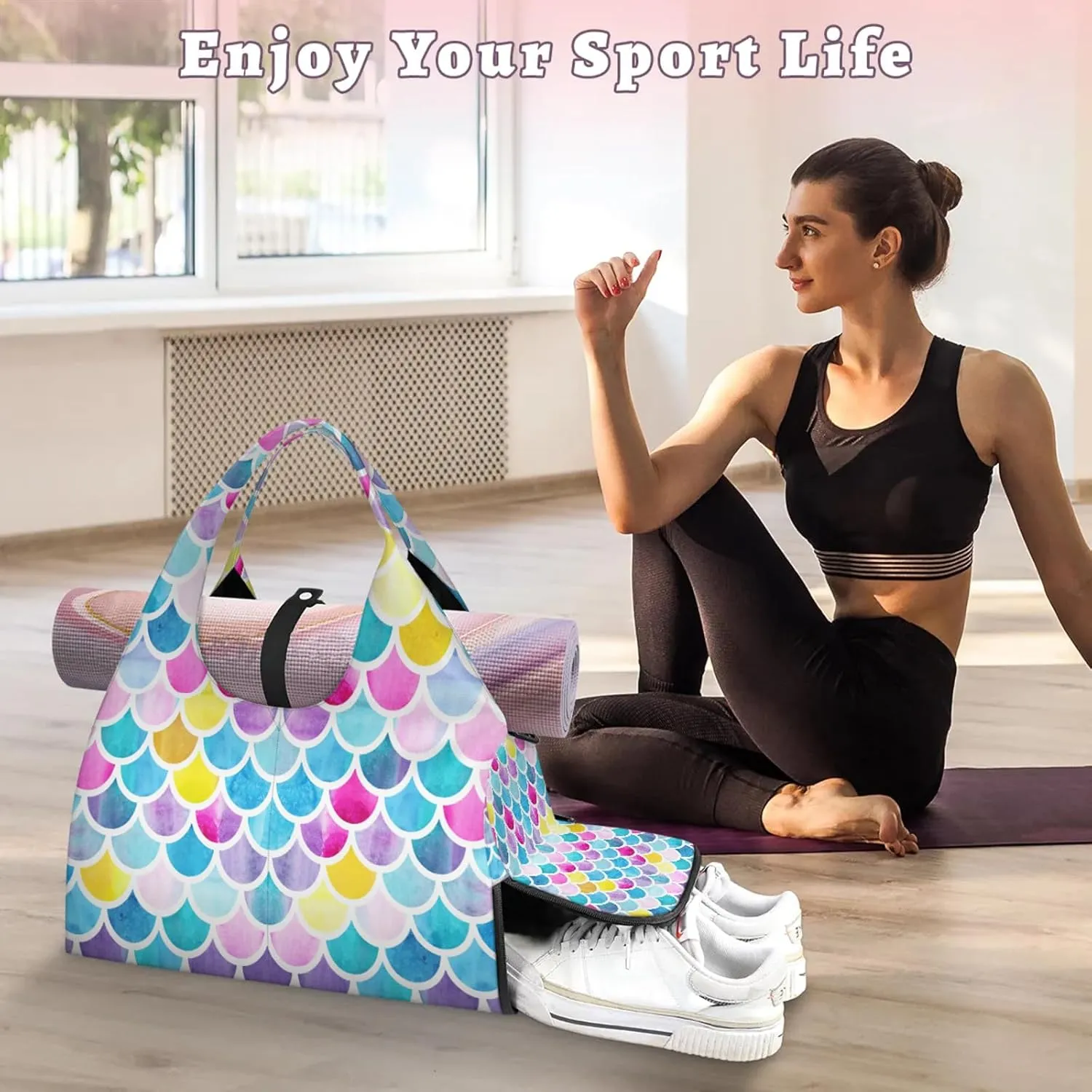 KOBLEN Yoga Gym Bags for Women Duffel Bag with Shoe Compartment and Yoga Mat Portable Weekender Bags for Pilates Travel Offices Workout Beach