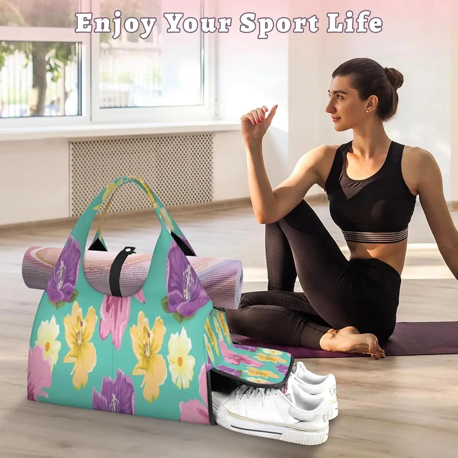 KOBLEN Yoga Gym Bags for Women Duffel Bag with Shoe Compartment and Yoga Mat Portable Weekender Bags for Pilates Travel Offices Workout Beach