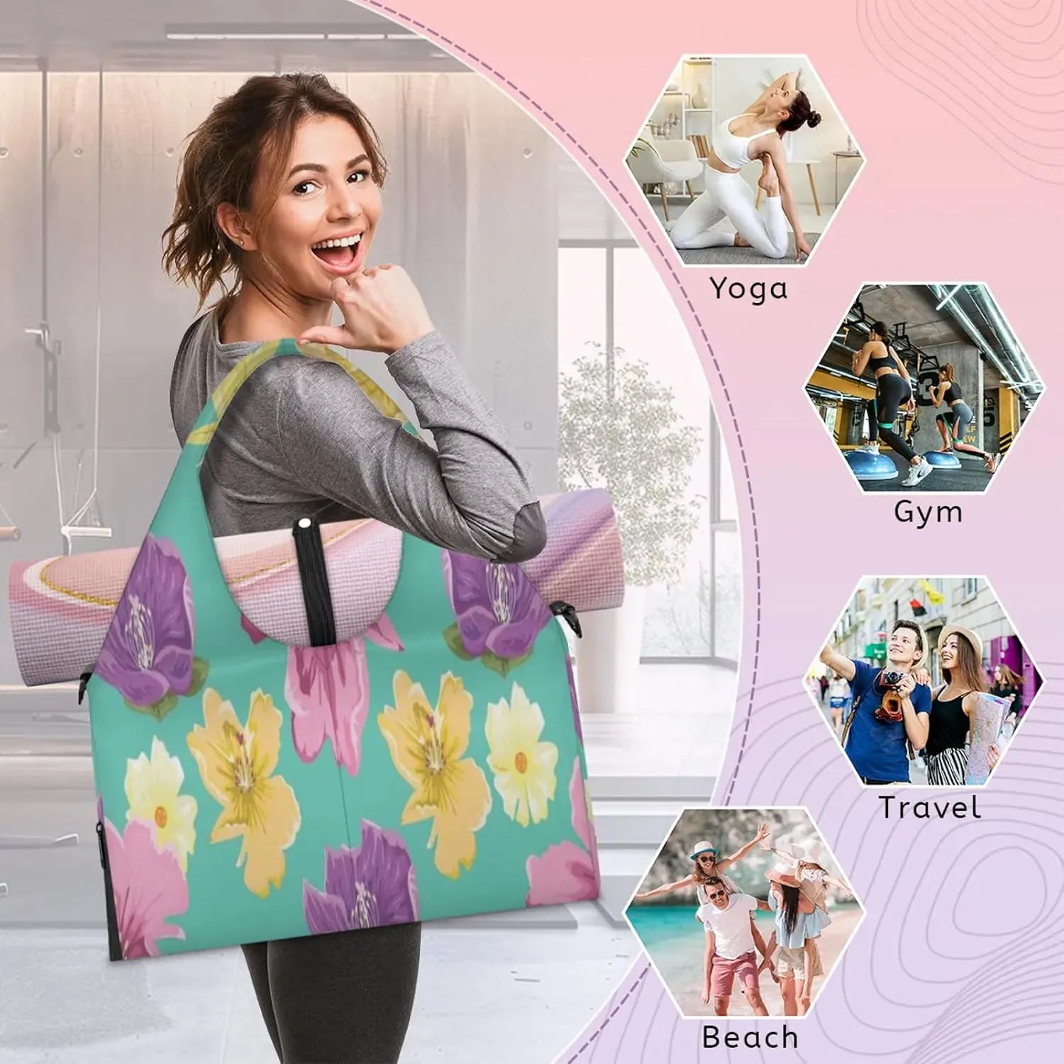 KOBLEN Yoga Gym Bags for Women Duffel Bag with Shoe Compartment and Yoga Mat Portable Weekender Bags for Pilates Travel Offices Workout Beach