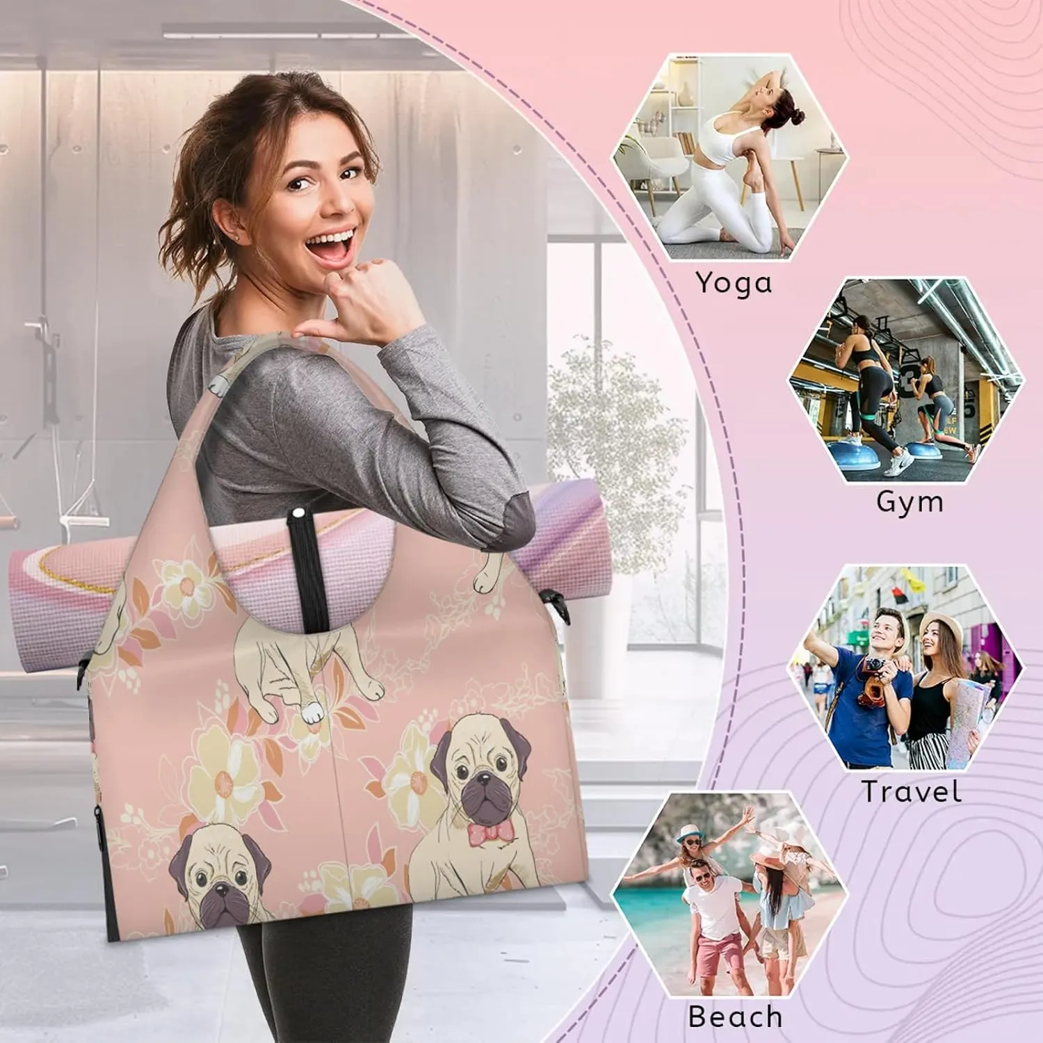 KOBLEN Yoga Gym Bags for Women Duffel Bag with Shoe Compartment and Yoga Mat Portable Weekender Bags for Pilates Travel Offices Workout Beach