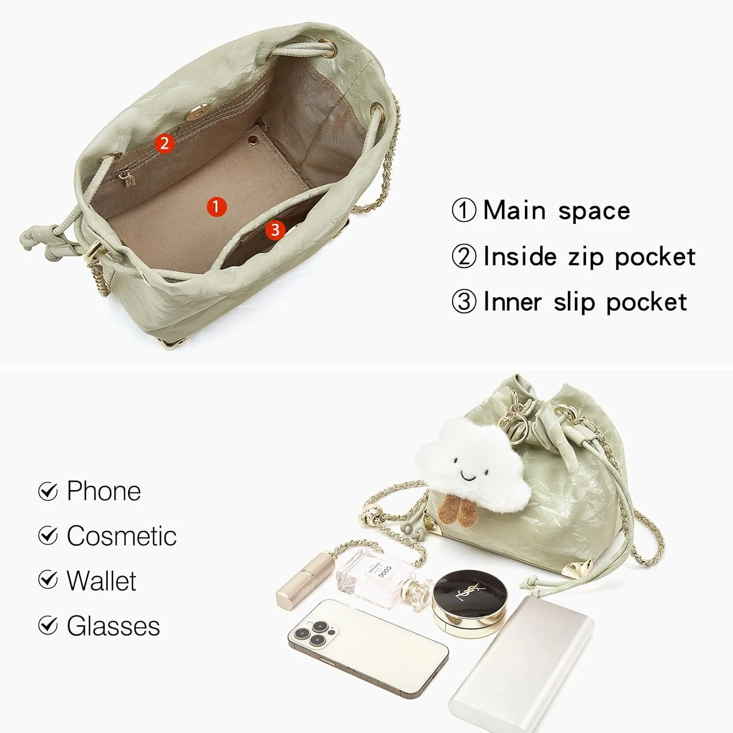 LAORENTOU Suede Designer Crossbody Bag for Women, Bucket Style Shoulder Bag for Ladies, Medium Size Purse with Chain Strap