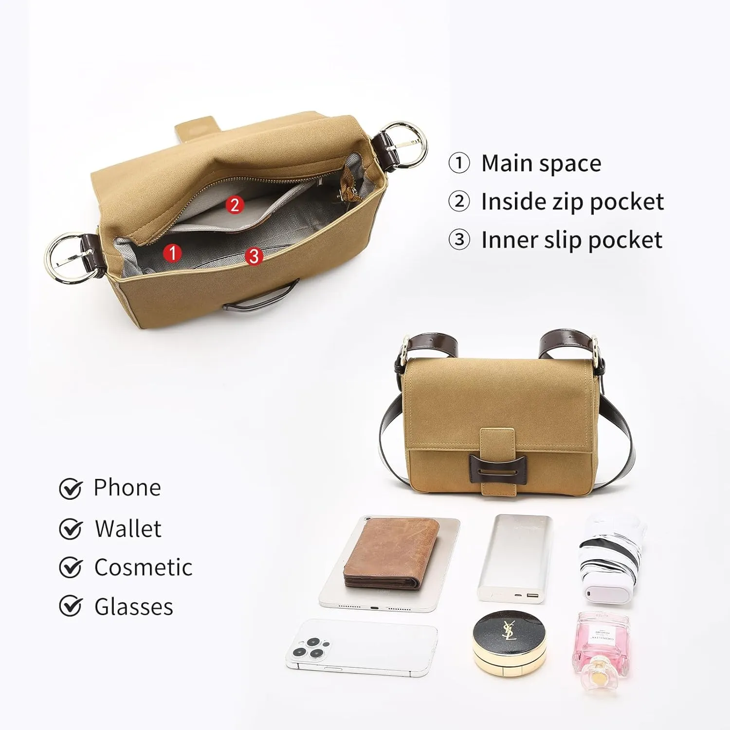 LAORENTOU Suede Designer Handbags for Women, Medium Size Crossbody Purse for Ladies, Shoulder Bag with Adjustable Strap