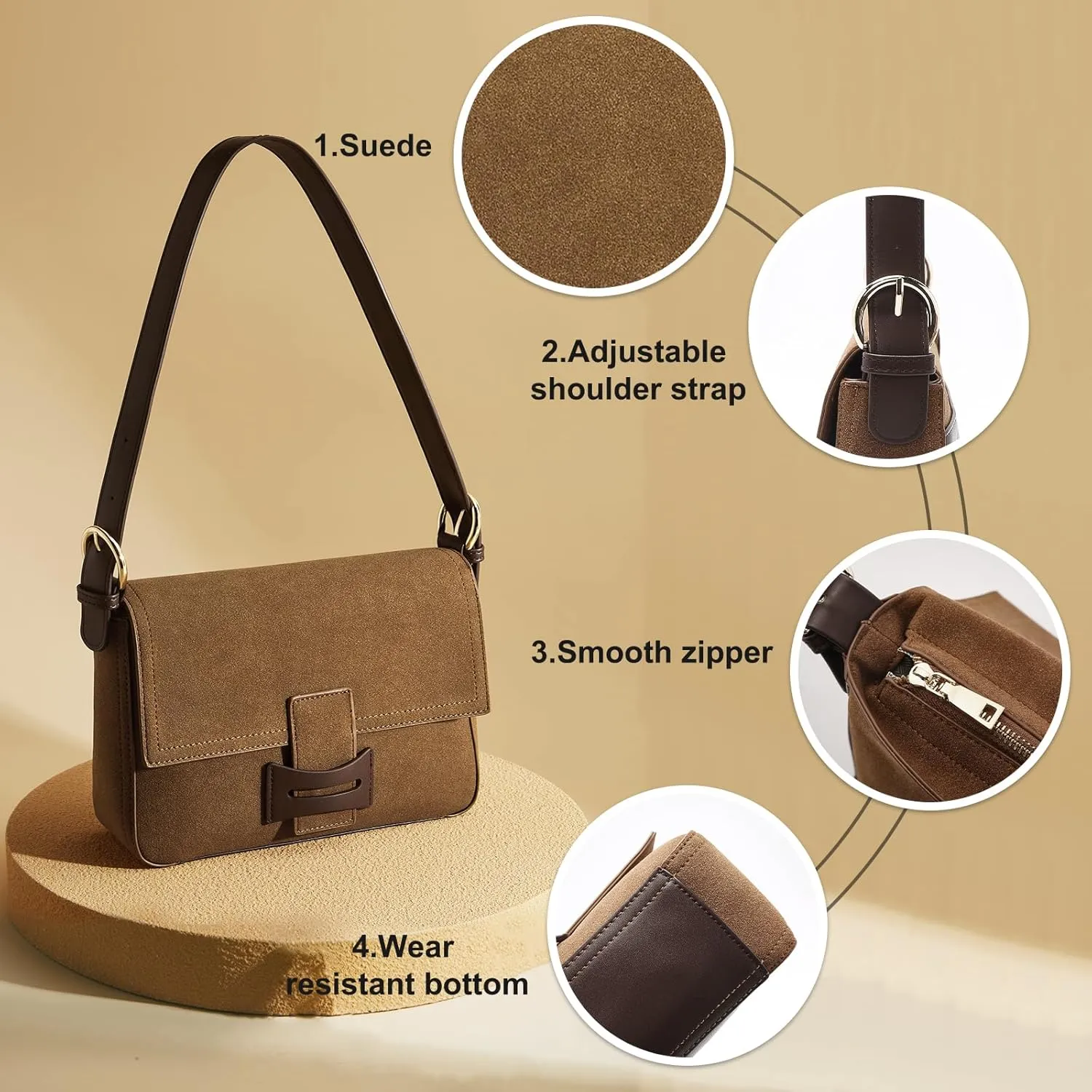 LAORENTOU Suede Designer Handbags for Women, Medium Size Crossbody Purse for Ladies, Shoulder Bag with Adjustable Strap