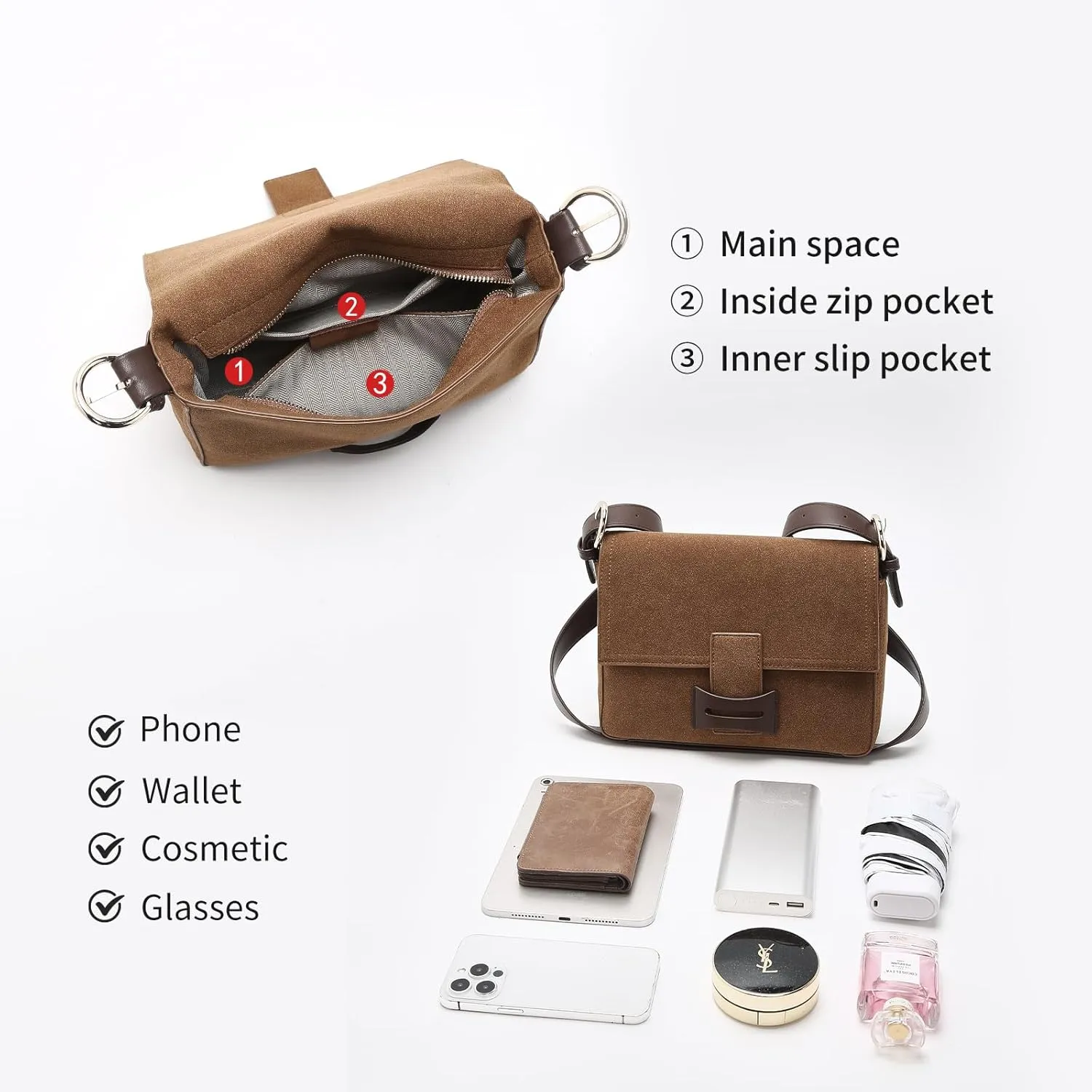 LAORENTOU Suede Designer Handbags for Women, Medium Size Crossbody Purse for Ladies, Shoulder Bag with Adjustable Strap