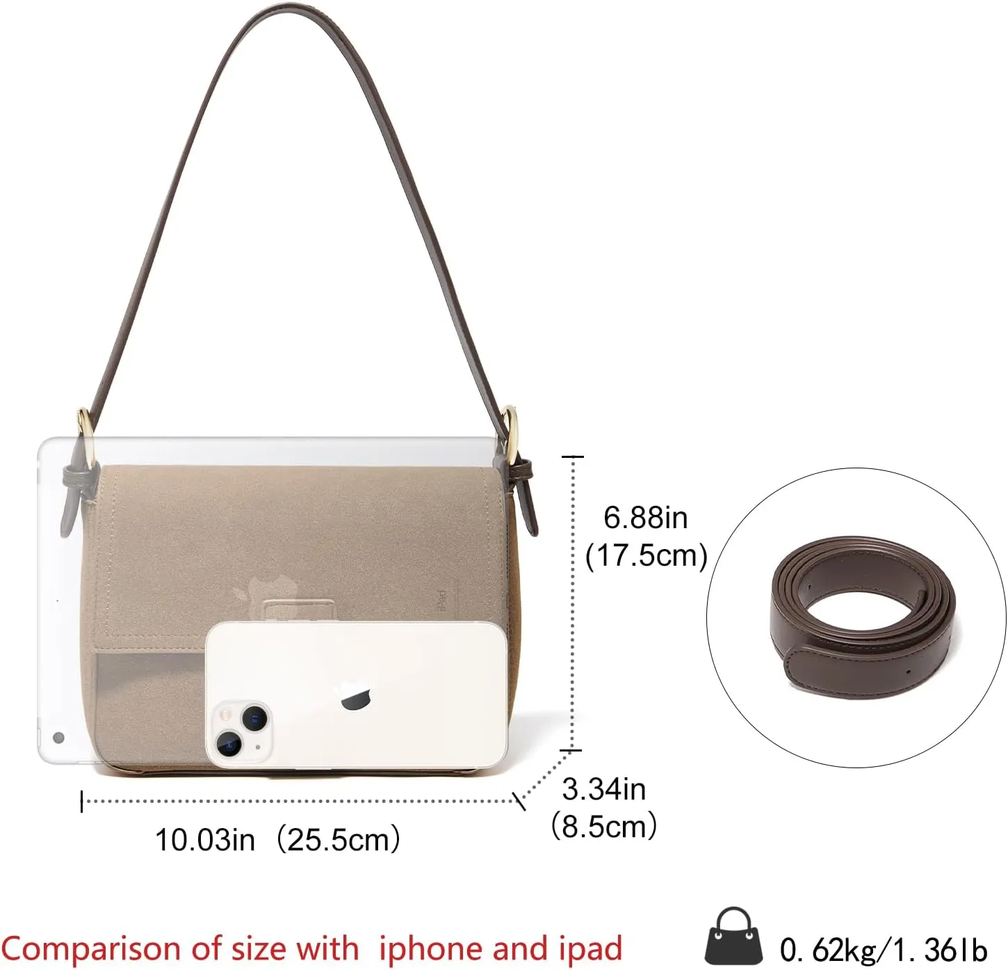 LAORENTOU Suede Designer Handbags for Women, Medium Size Crossbody Purse for Ladies, Shoulder Bag with Adjustable Strap