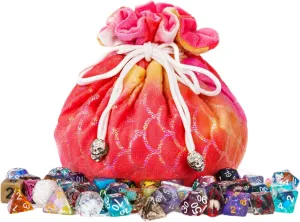 Large Dice Bags with Pockets Orange Storage Bag Fish Scale Pattern for DND RPG Game Dices (with 1lb Random DND Dice)