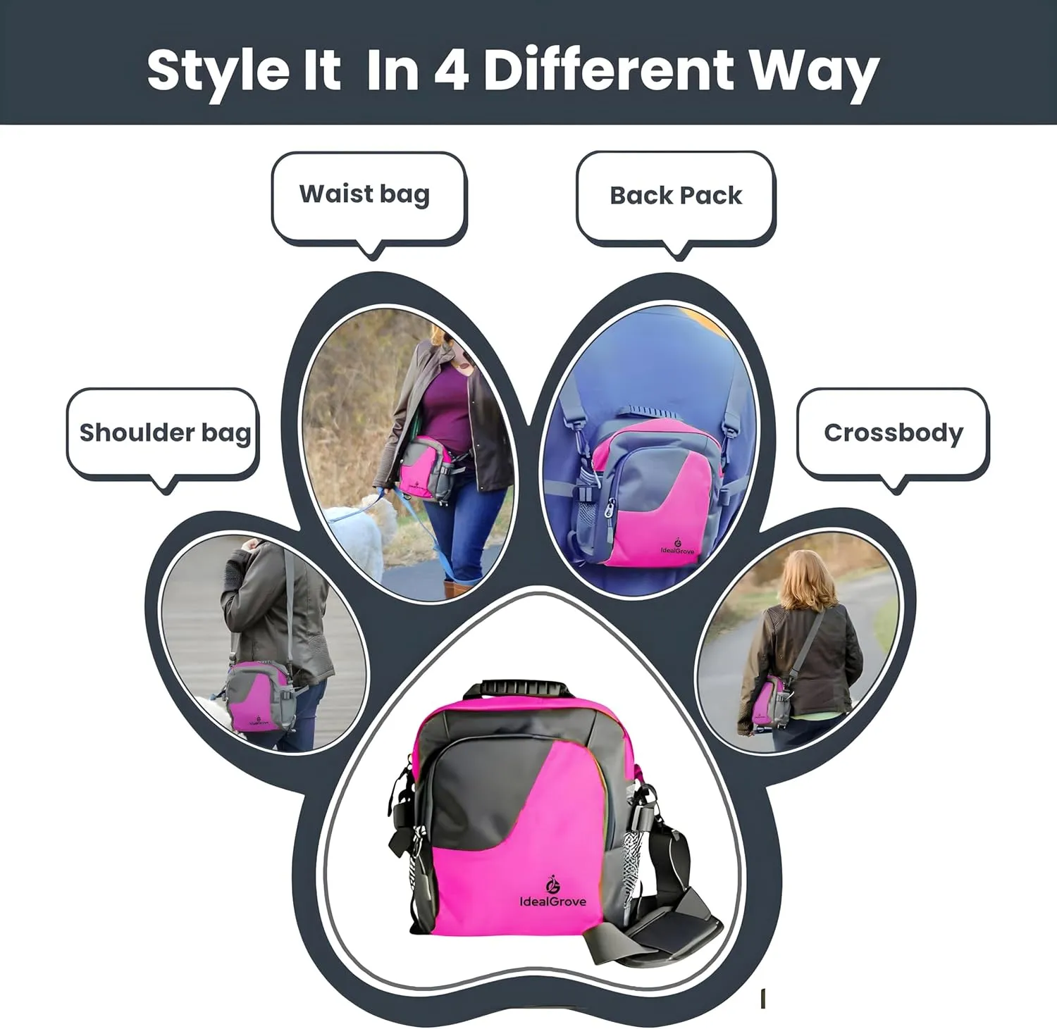 Large Dog Treat Pouch for Training with Zipper Closure, Portable Crossbody Bag, Poop Bag Dispenser, Poop Bag Roll, Collapsible Bowl, Water Bottle -4-Way Wear with Adjustable Strap-Pink