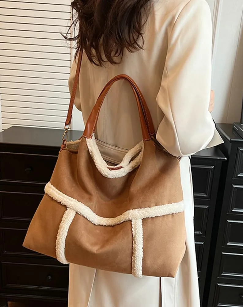 Large Tote Bag for Women Suede Crossbody Shoulder Purse Top Handle Handbag with Faux Lamb Wool Lined Work Travel Purse