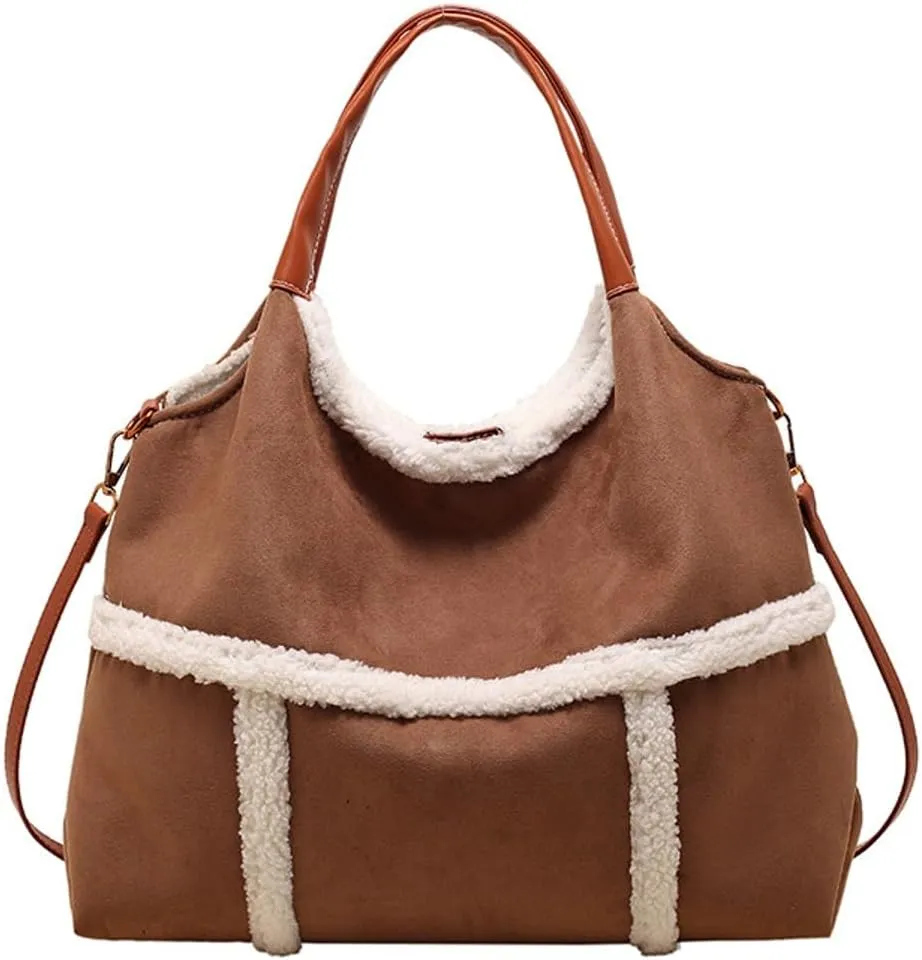 Large Tote Bag for Women Suede Crossbody Shoulder Purse Top Handle Handbag with Faux Lamb Wool Lined Work Travel Purse