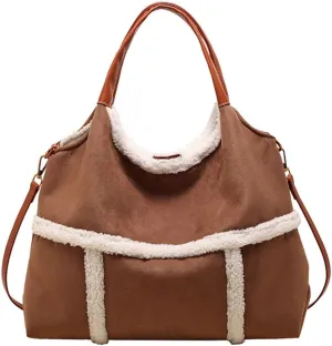 Large Tote Bag for Women Suede Crossbody Shoulder Purse Top Handle Handbag with Faux Lamb Wool Lined Work Travel Purse