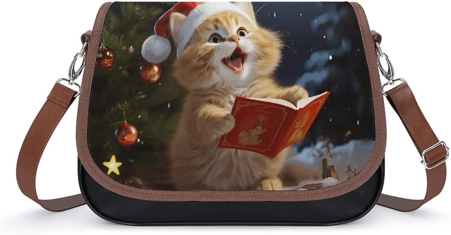 Leather Crossbody Bags, Cute Cat Sing Christmas Carols Women Crossbody Bag,Leather Flapover Crossbody Purse with Adjustable Strap & Flip
