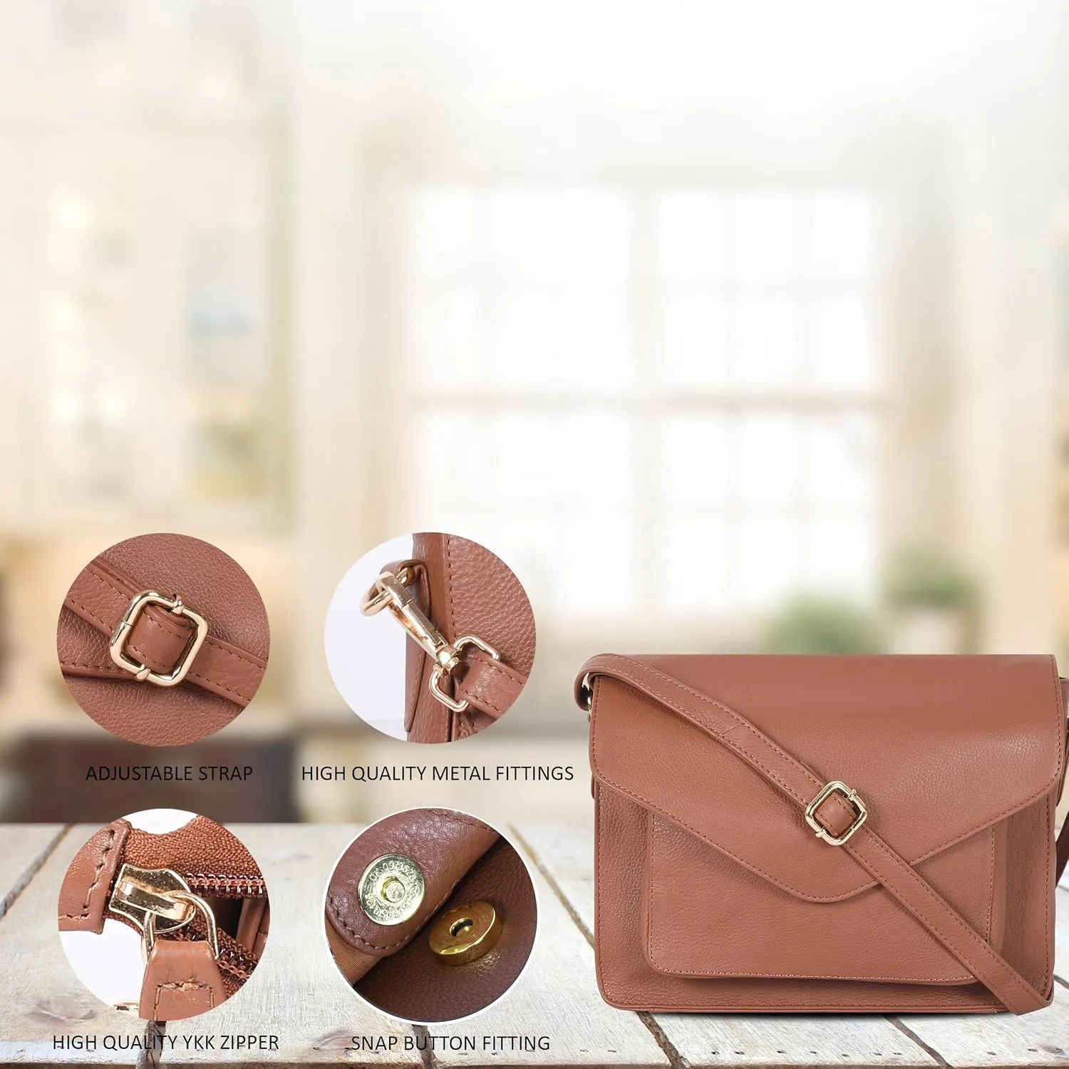 Leather Flapover Crossbody Handbag Purse for Women with Adjustable Strap & Overflap Snap Closure Tote/Bag