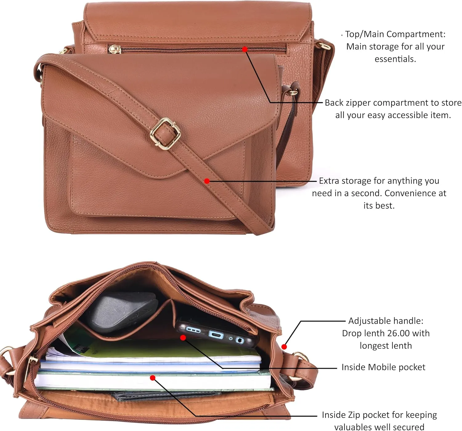 Leather Flapover Crossbody Handbag Purse for Women with Adjustable Strap & Overflap Snap Closure Tote/Bag
