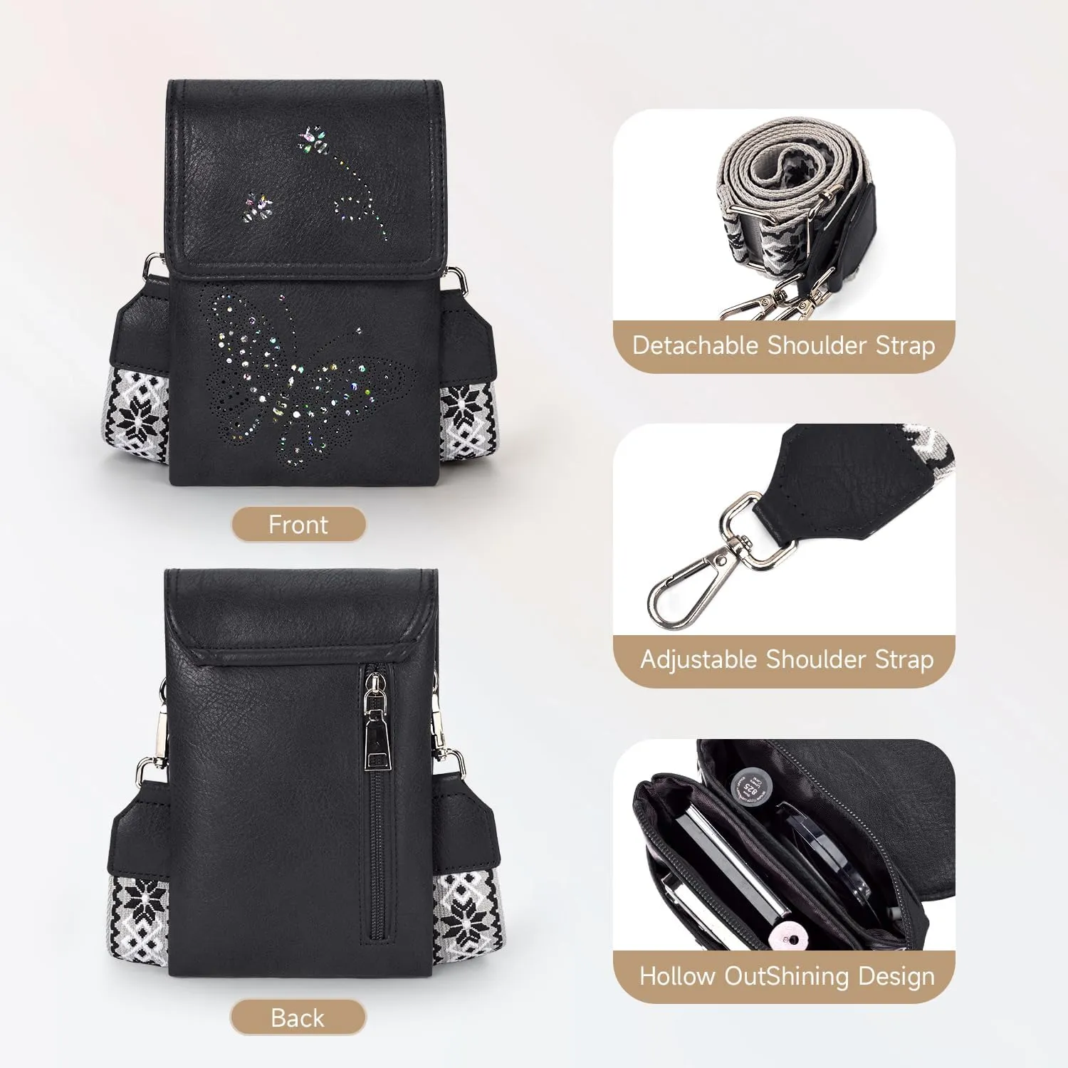 Leather Small Crossbody Bags for Women Trendy Cell Phone Bag Wallet Purses Butterfly Design