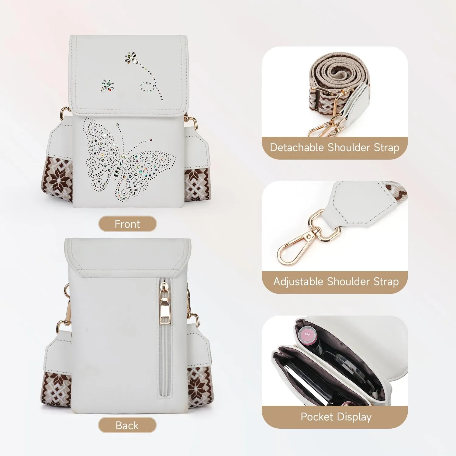 Leather Small Crossbody Bags for Women Trendy Cell Phone Bag Wallet Purses Butterfly Design