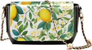 Lemon Slices and Leaves Pu Leather Shoulder Bag for Women, Leather Zipper Crossbody Purse, Leather Crossbody Bags