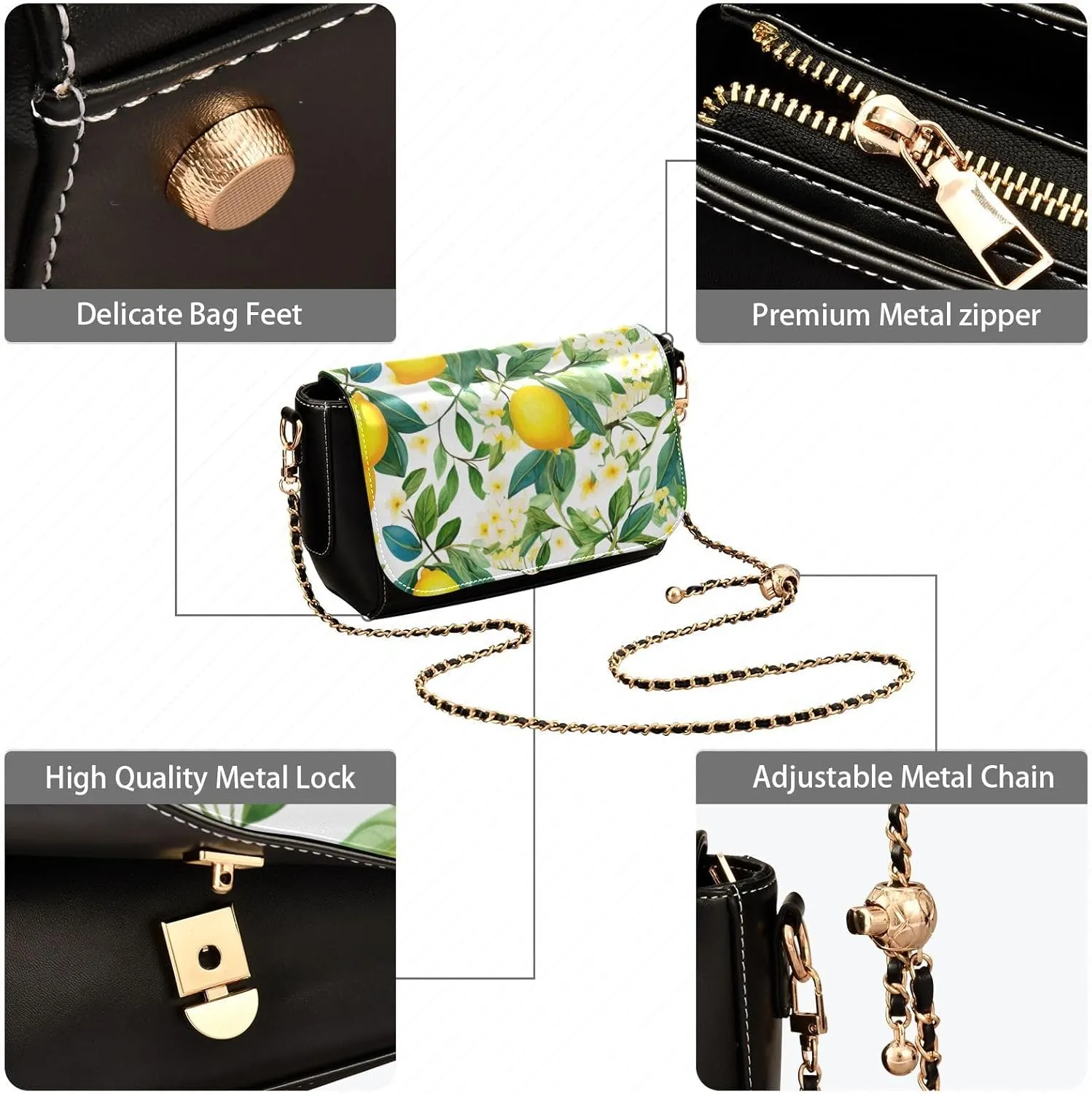 Lemon Slices and Leaves Pu Leather Shoulder Bag for Women, Leather Zipper Crossbody Purse, Leather Crossbody Bags