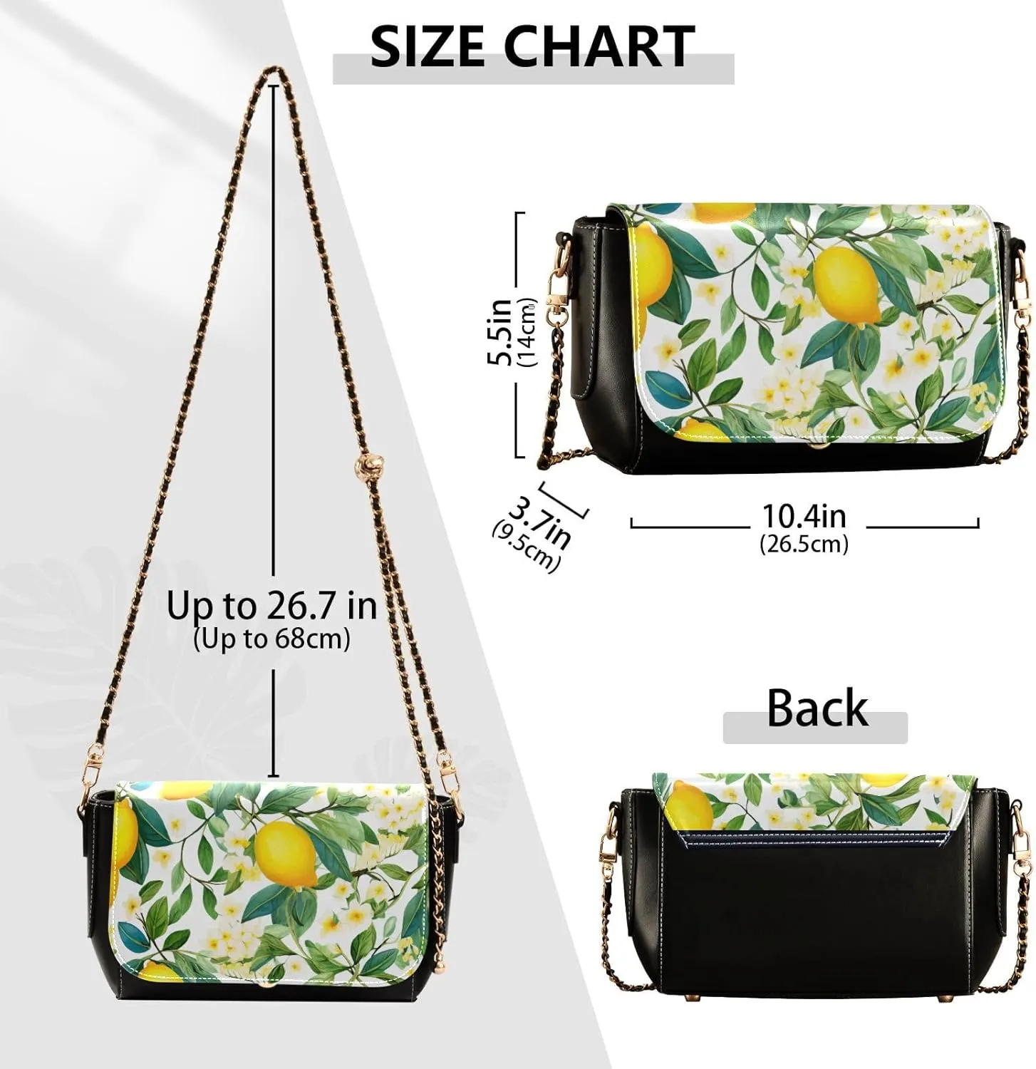Lemon Slices and Leaves Pu Leather Shoulder Bag for Women, Leather Zipper Crossbody Purse, Leather Crossbody Bags
