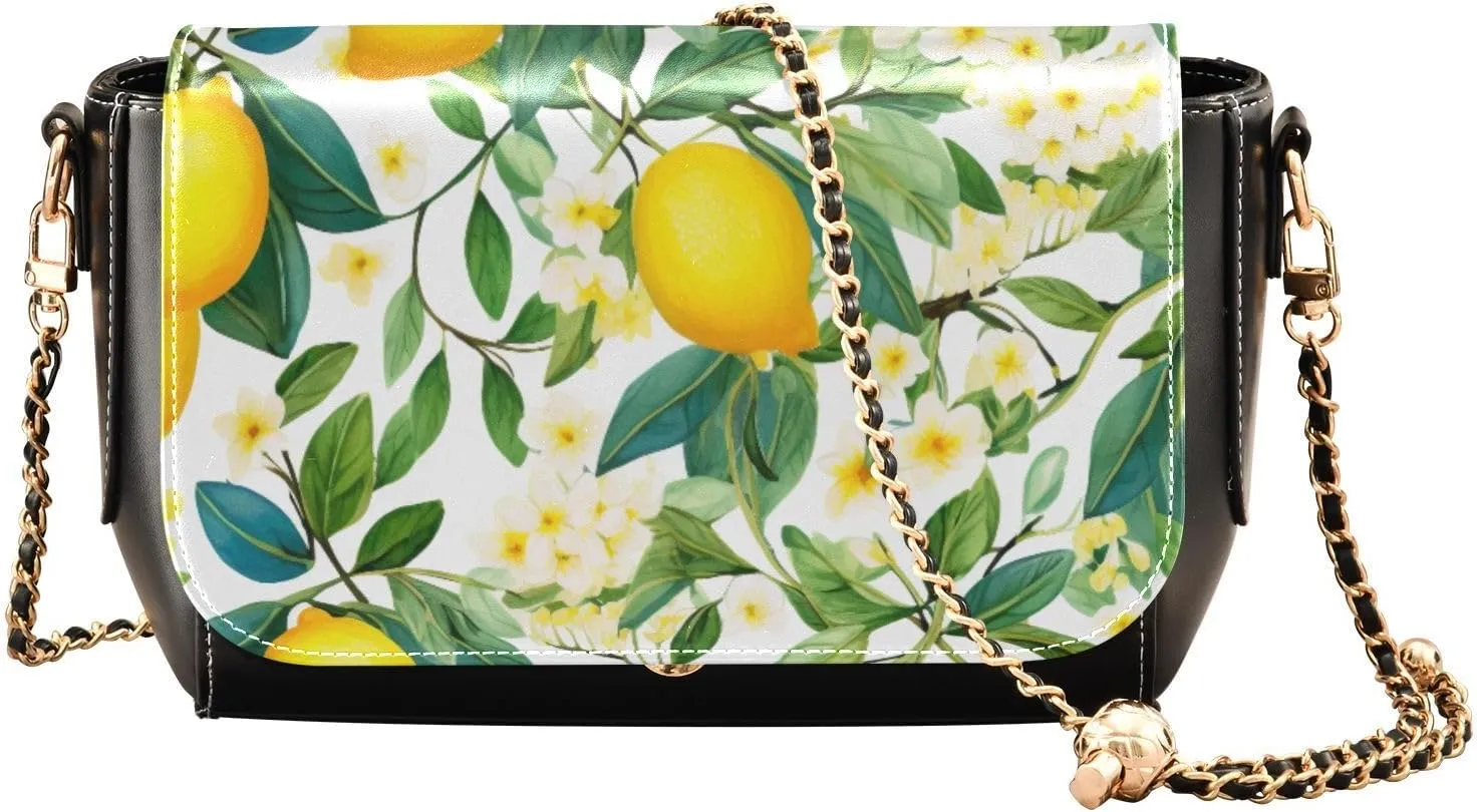 Lemon Slices and Leaves Pu Leather Shoulder Bag for Women, Leather Zipper Crossbody Purse, Leather Crossbody Bags