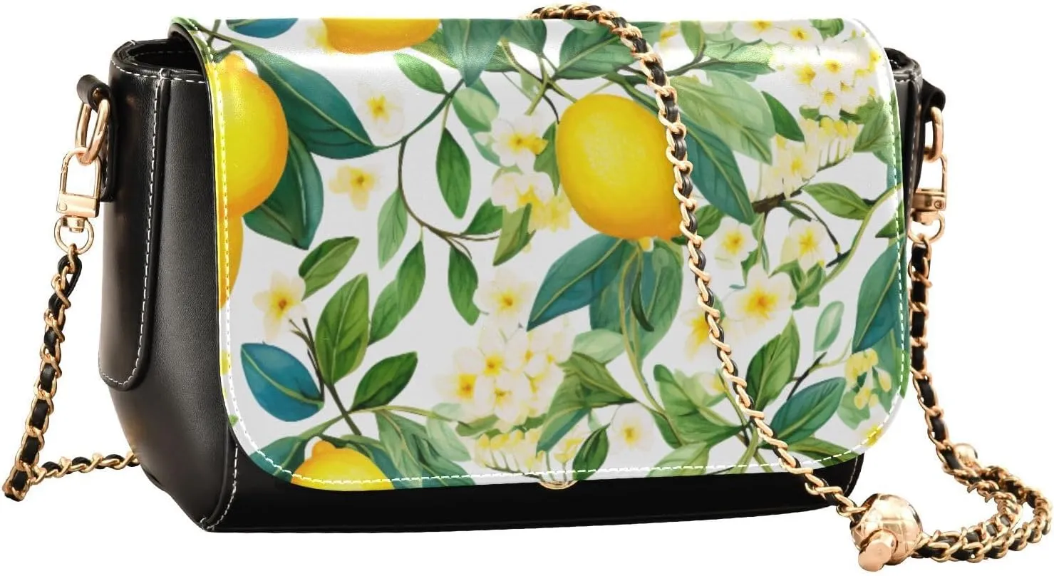 Lemon Slices and Leaves Pu Leather Shoulder Bag for Women, Leather Zipper Crossbody Purse, Leather Crossbody Bags