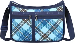 LeSportsac Bold Plaid Deluxe Everyday Crossbody Bag   Cosmetic Bag, Style 7507/Color E777, Large Format Modern Interpretive Plaid Unites Sky Blue, Lapis Blue, Black, Lavender & Orange, Unique Design