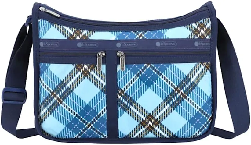 LeSportsac Bold Plaid Deluxe Everyday Crossbody Bag   Cosmetic Bag, Style 7507/Color E777, Large Format Modern Interpretive Plaid Unites Sky Blue, Lapis Blue, Black, Lavender & Orange, Unique Design