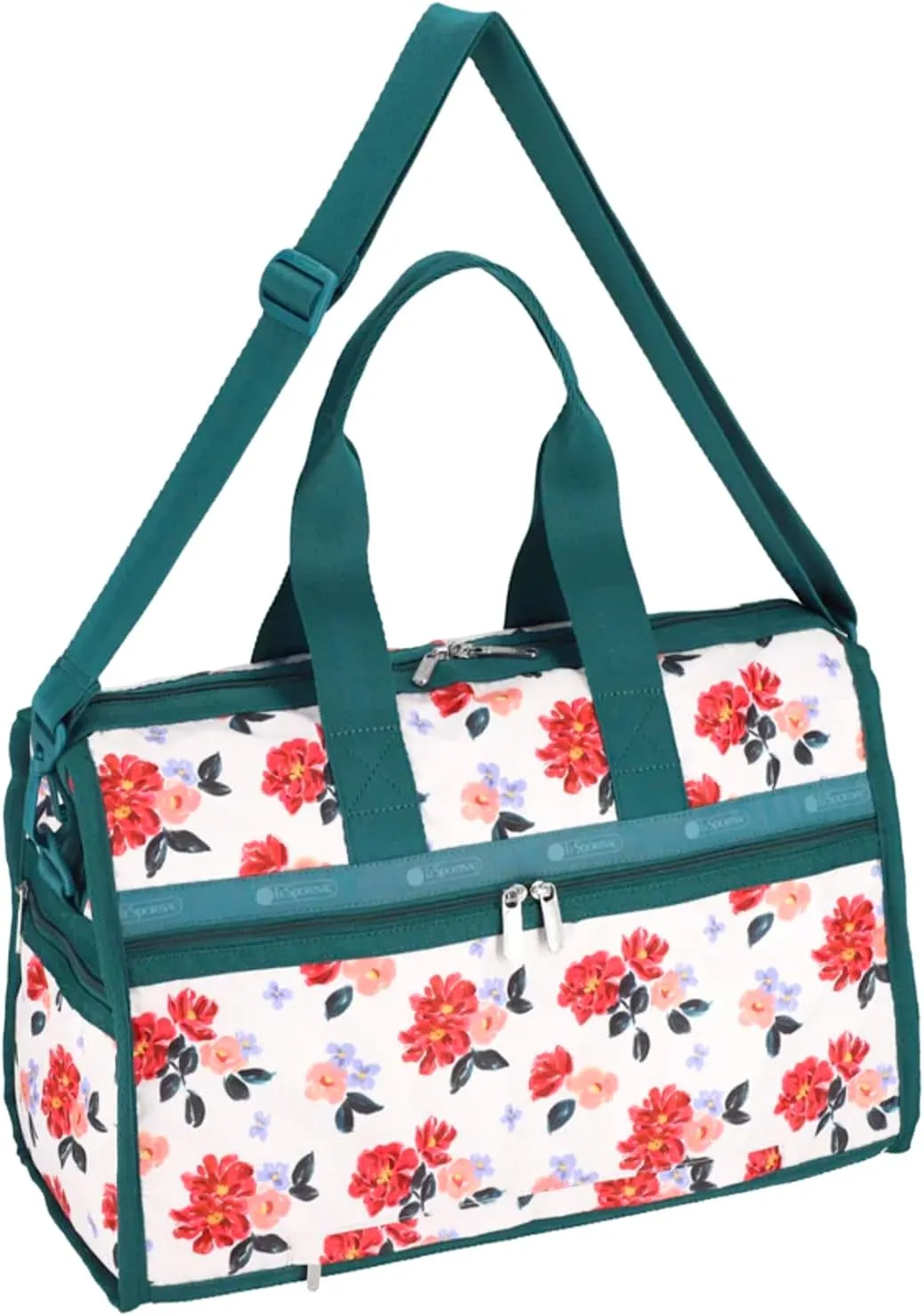 LeSportsac Painterly Floral Deluxe Medium Weekender Crossbody Bag, Style 4318/Color H114, Dreamy Stylized Flower Blooms in Harmonious Shades of Raspberry, Peach & Lilac, Modern Classic Floral