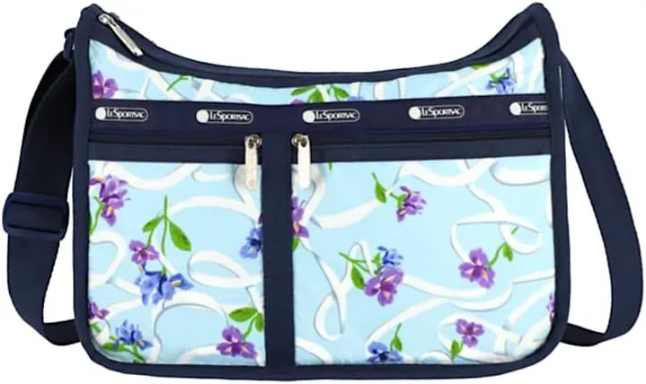 LeSportsac Ribbons Of Hope Deluxe Everyday Crossbody Bag   Cosmetic Bag, Style 7507/Color G823, Artful Indigo & Violet Iris Flowers, Elegant White Ribbons, Dreamy Aqua Blue Bag, Cancer Awareness
