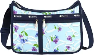 LeSportsac Ribbons Of Hope Deluxe Everyday Crossbody Bag   Cosmetic Bag, Style 7507/Color G823, Artful Indigo & Violet Iris Flowers, Elegant White Ribbons, Dreamy Aqua Blue Bag, Cancer Awareness