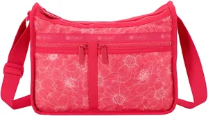LeSportsac Summer Garden Flower Deluxe Everyday Crossbody Bag   Cosmetic Bag, Style 7507/Color E904, Botanical Gardens Exclusive Collaboration, Sketch Style White Flower Illustrations, Raspberry