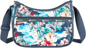 LeSportsac Tropical Vibes Classic Hobo Crossbody Bag   Cosmetic Bag, Style 7520/Color E629, Festive Tropical Paradise, Artfully Arranged Colorful Hibiscus Flowers & Palm Trees, Endless Summer Vibe