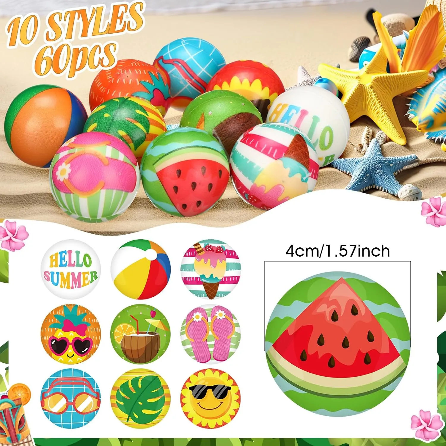 Liliful 60 Pcs Summer Stress Balls Hawaiian Beach Foam Squeeze Ball Summer Stress Toy Swimming Pool Sensory Fidget Toys Tropical Party Favor Beach Goodie Bag Stuffers