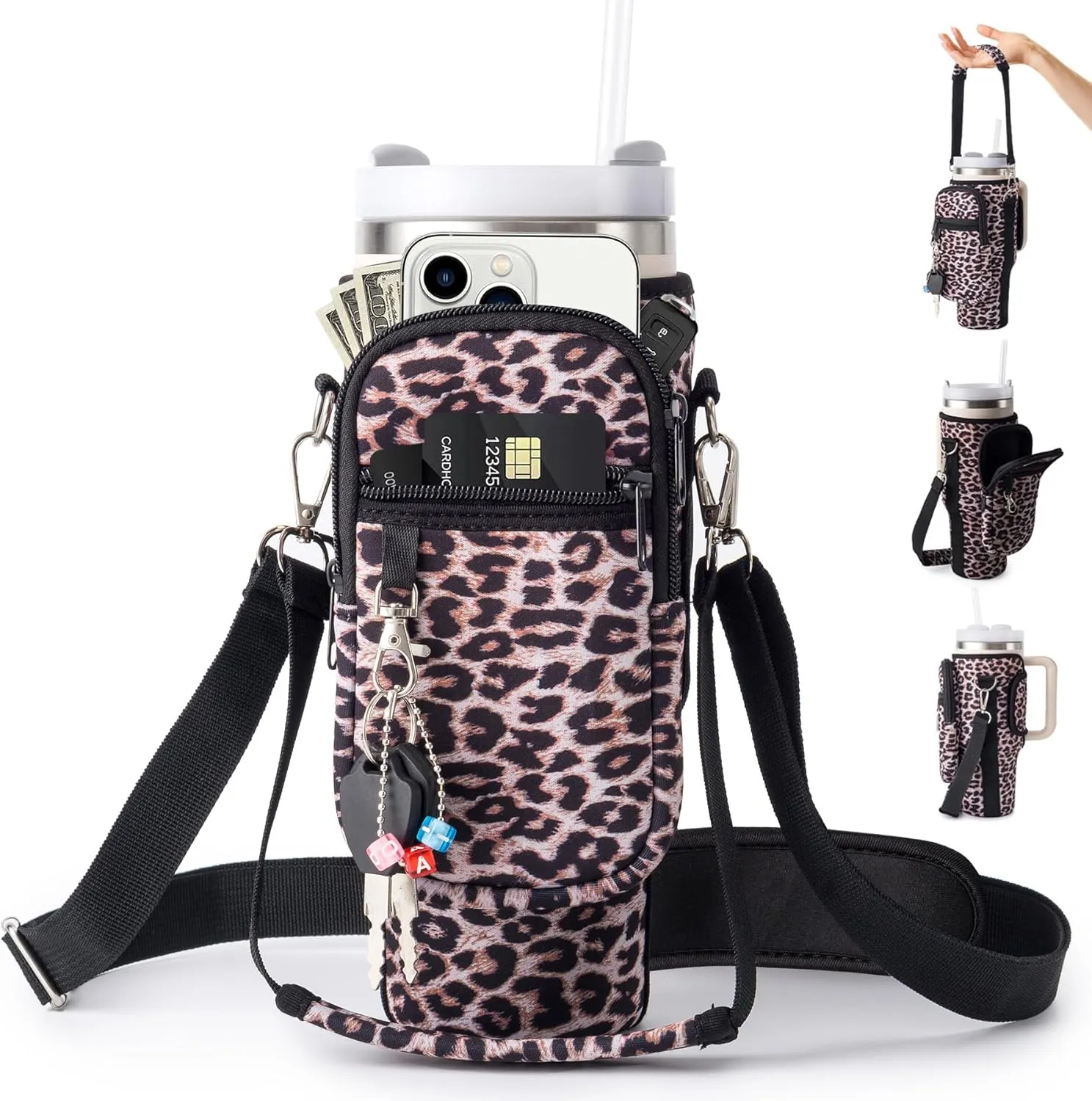 linmaya Water Bottle Carrier Bag with Phone Pocket for Stanley Cup 40/30oz,Insulated Neoprene Water Bottle Holder Cross-boday Bag with Adjustable Shoulder & Handheld Strap Stanley Cup Accessories