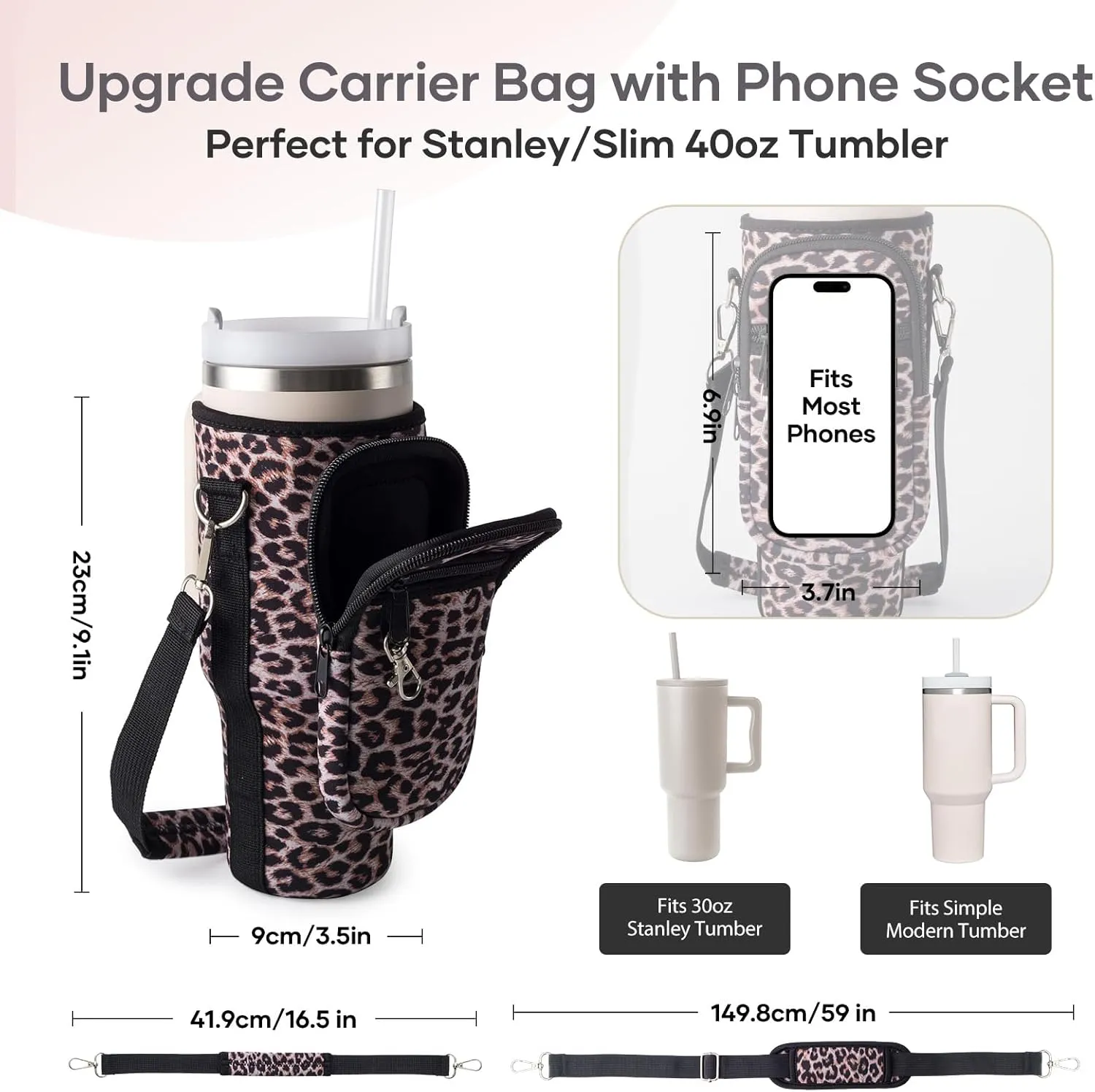 linmaya Water Bottle Carrier Bag with Phone Pocket for Stanley Cup 40/30oz,Insulated Neoprene Water Bottle Holder Cross-boday Bag with Adjustable Shoulder & Handheld Strap Stanley Cup Accessories